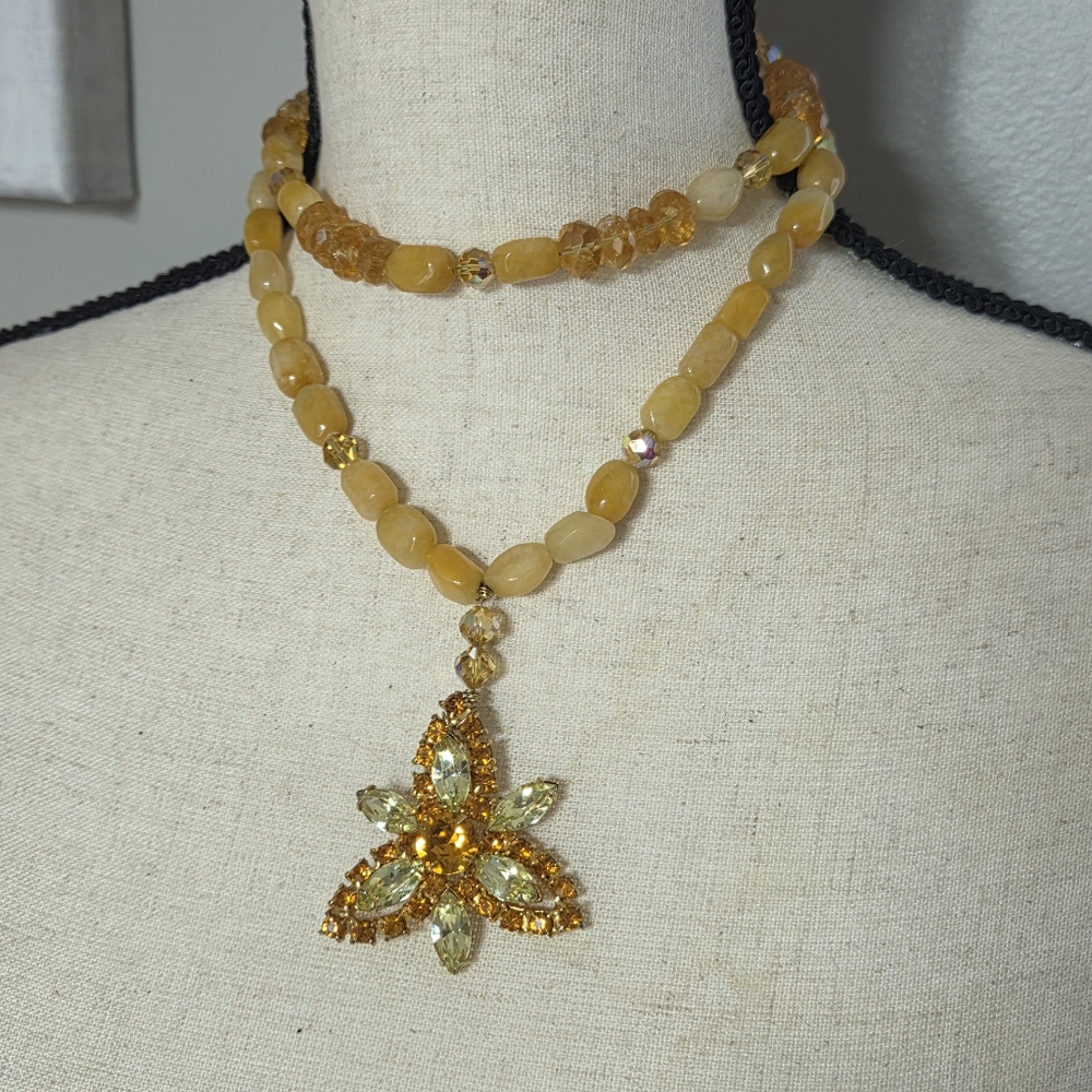 vintage rare weiss citrine glass Ab faceted large rhinstone pendant necklace 50s